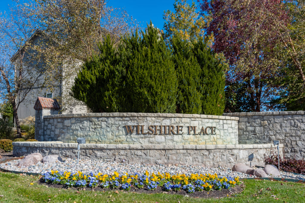 Entry monument at Wilshire Place neighborhood in Leawood KS